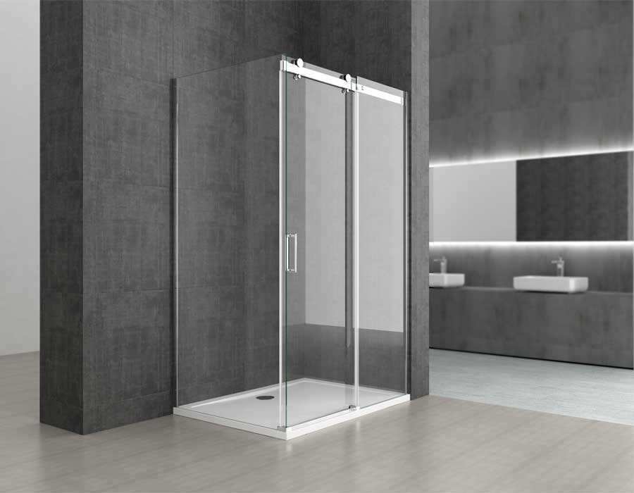 Durovin Bathrooms | Frameless Shower Cubicle with Shower Tray Sliding Glass Corner Walk Image One